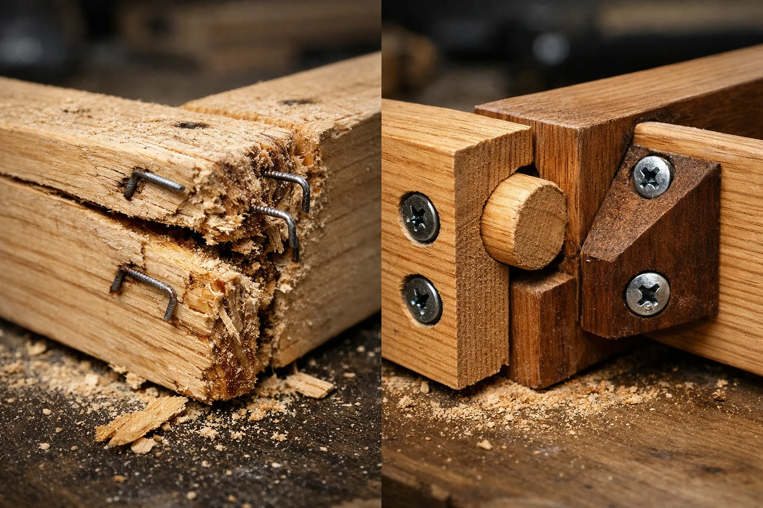Close-up of a failing sofa frame corner joint with split wood and loosened fasteners next to a reinforced joinery example