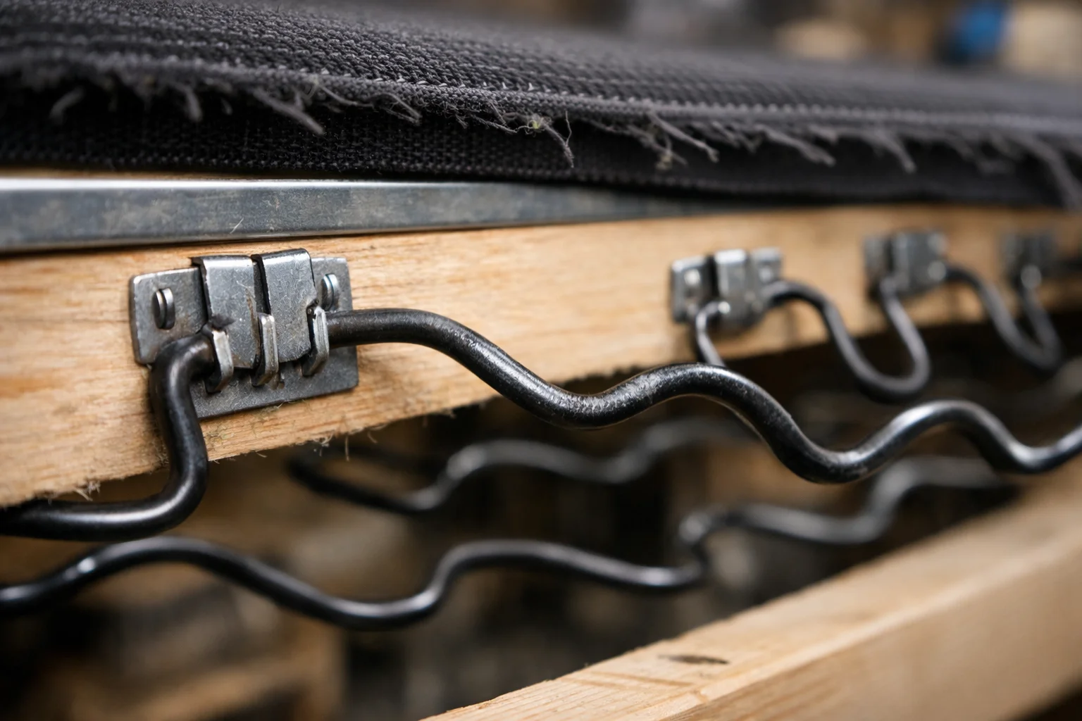 Close-up of sagging sinuous springs and attachment clips beneath a sofa seat causing reduced support