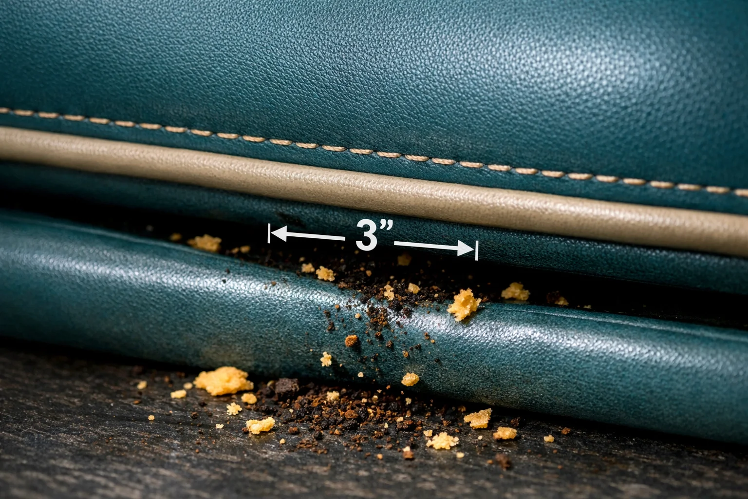 Close-up of a banquette seat-back crumb gap showing the 3-inch opening and wipeable upholstery finish