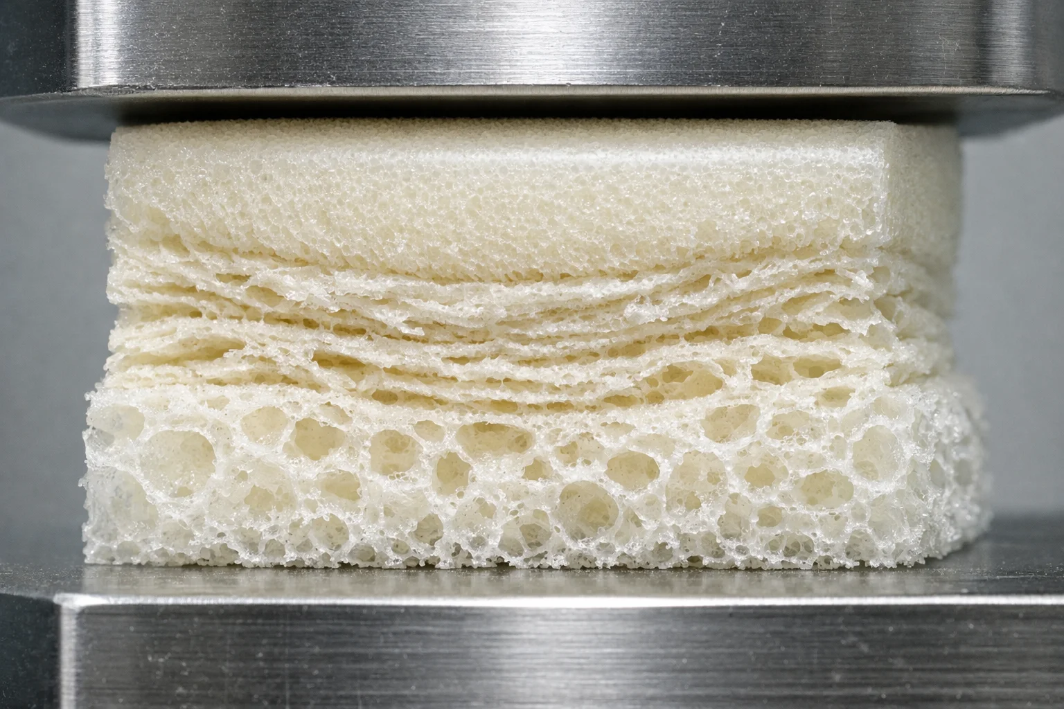 Close-up of sofa cushion foam showing compression damage and loss of rebound