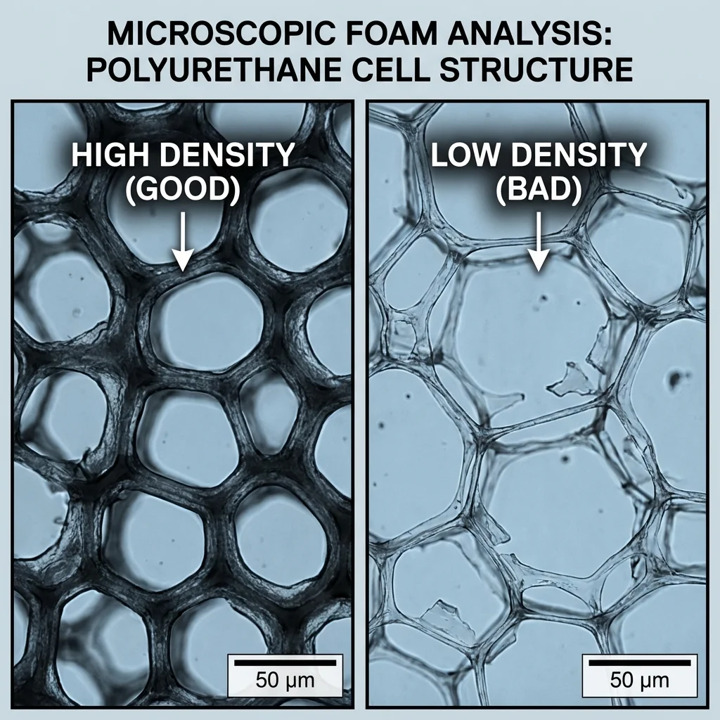 Microscope view comparing thick cell walls of high density foam vs thin walls of low density foam