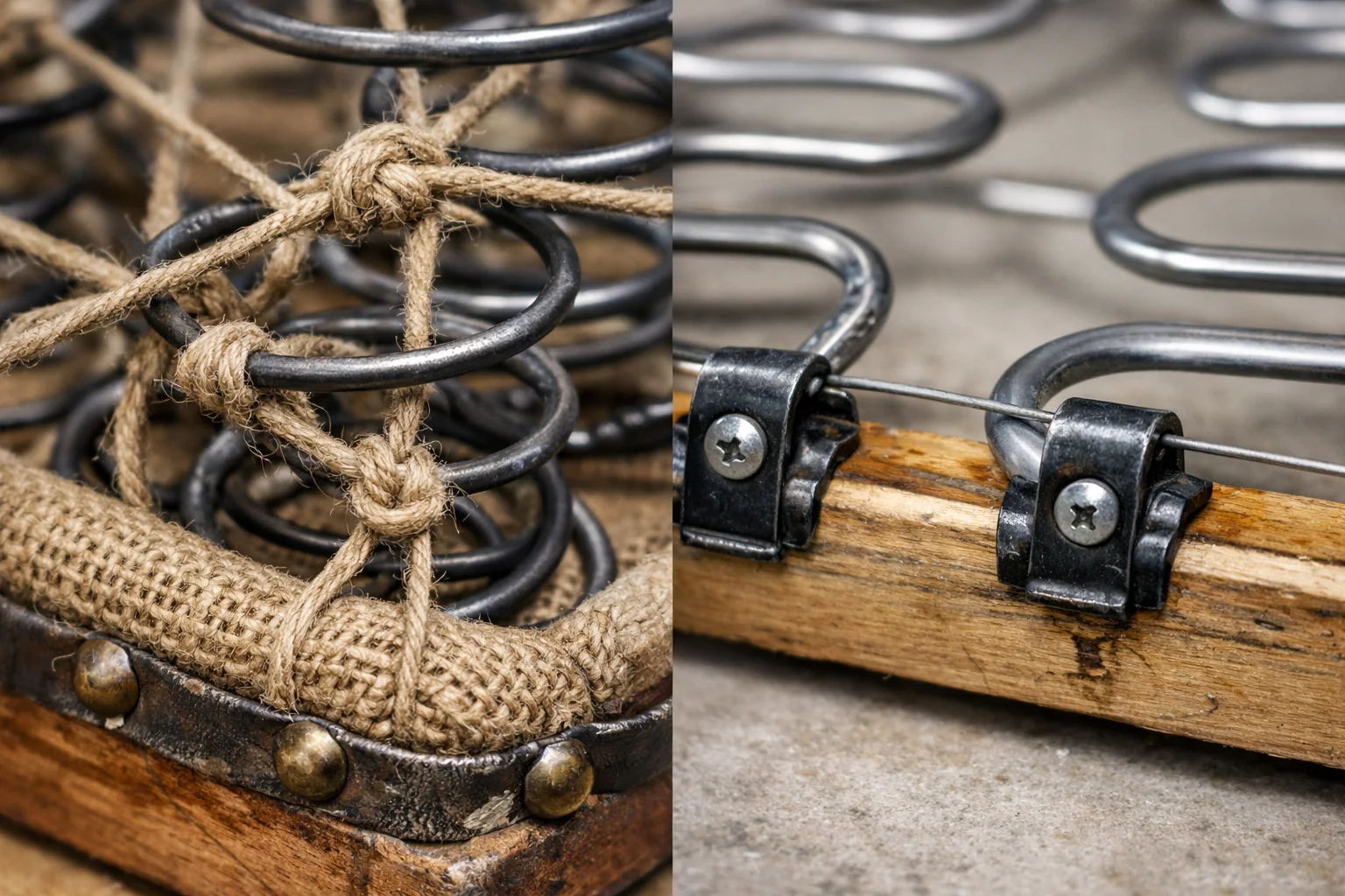 Close-up of eight-way hand-tied springs next to sinuous springs showing differences in seat support construction