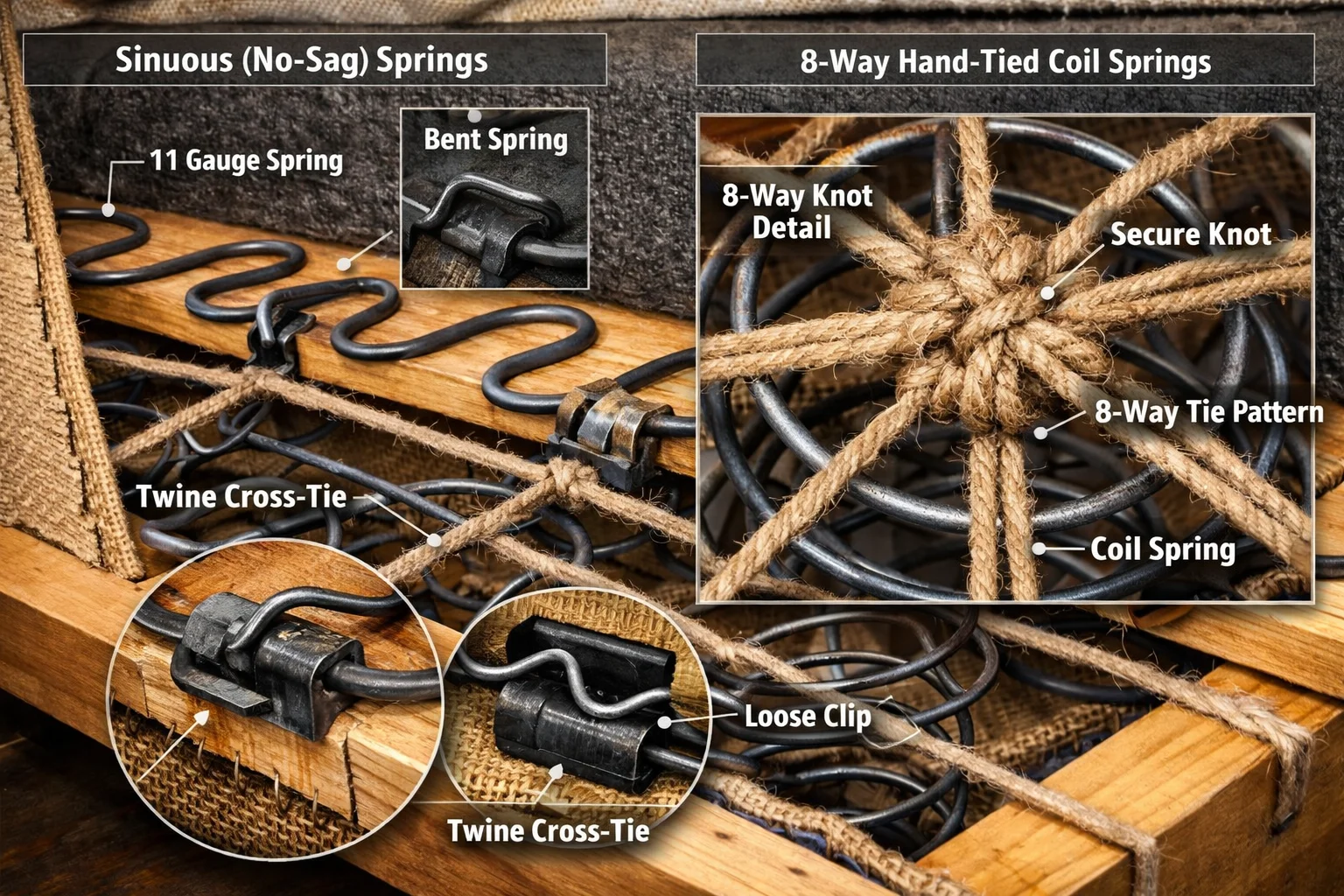 Cutaway of sofa seat suspension highlighting sinuous spring clips and an inset of 8-way hand-tied coils with labeled details
