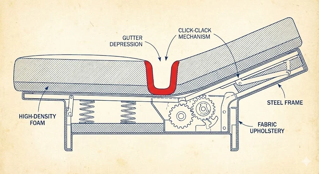 Cross section of a click clack hinge showing the gutter