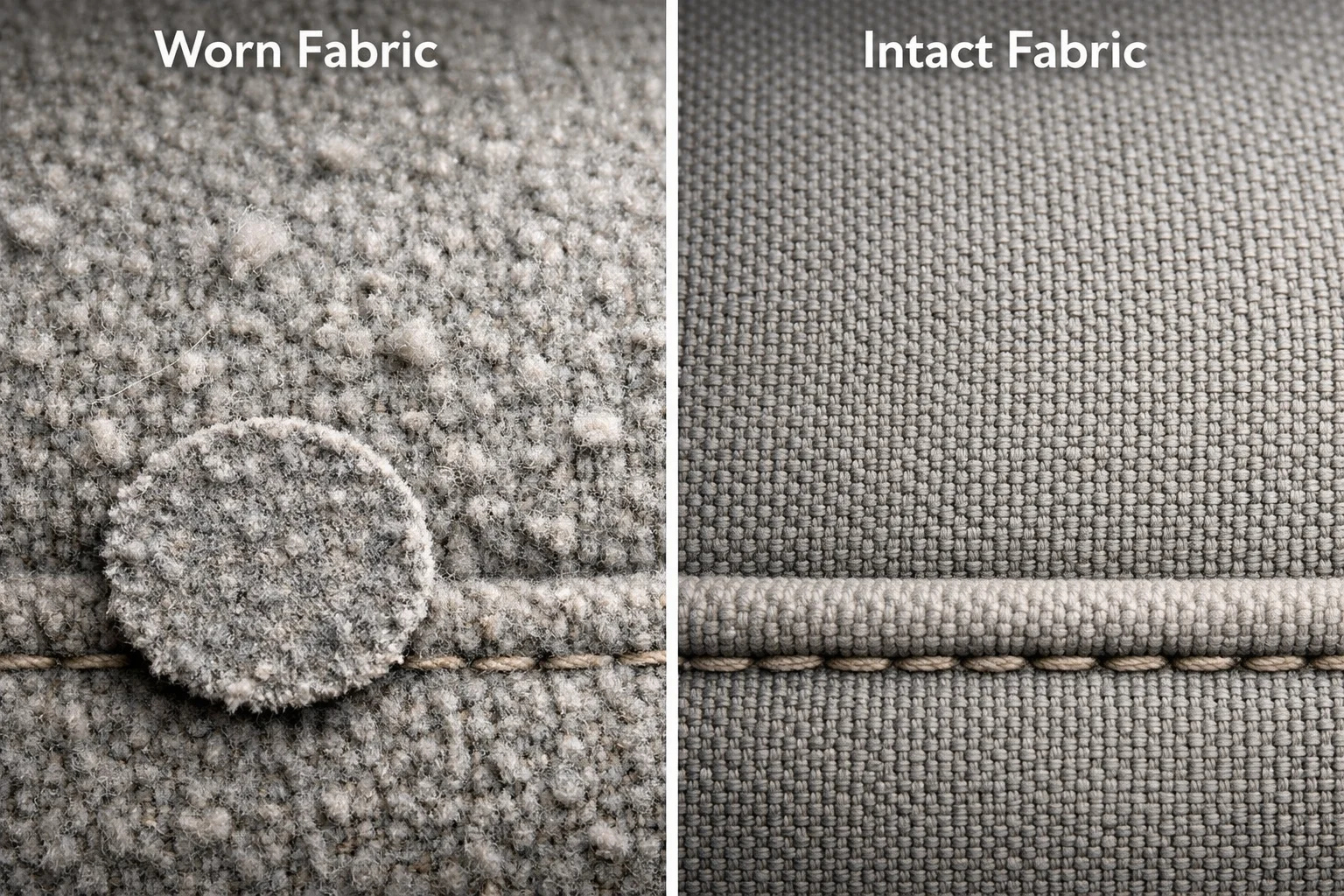 Macro comparison of upholstery abrasion and pilling with tight weave and seam construction details