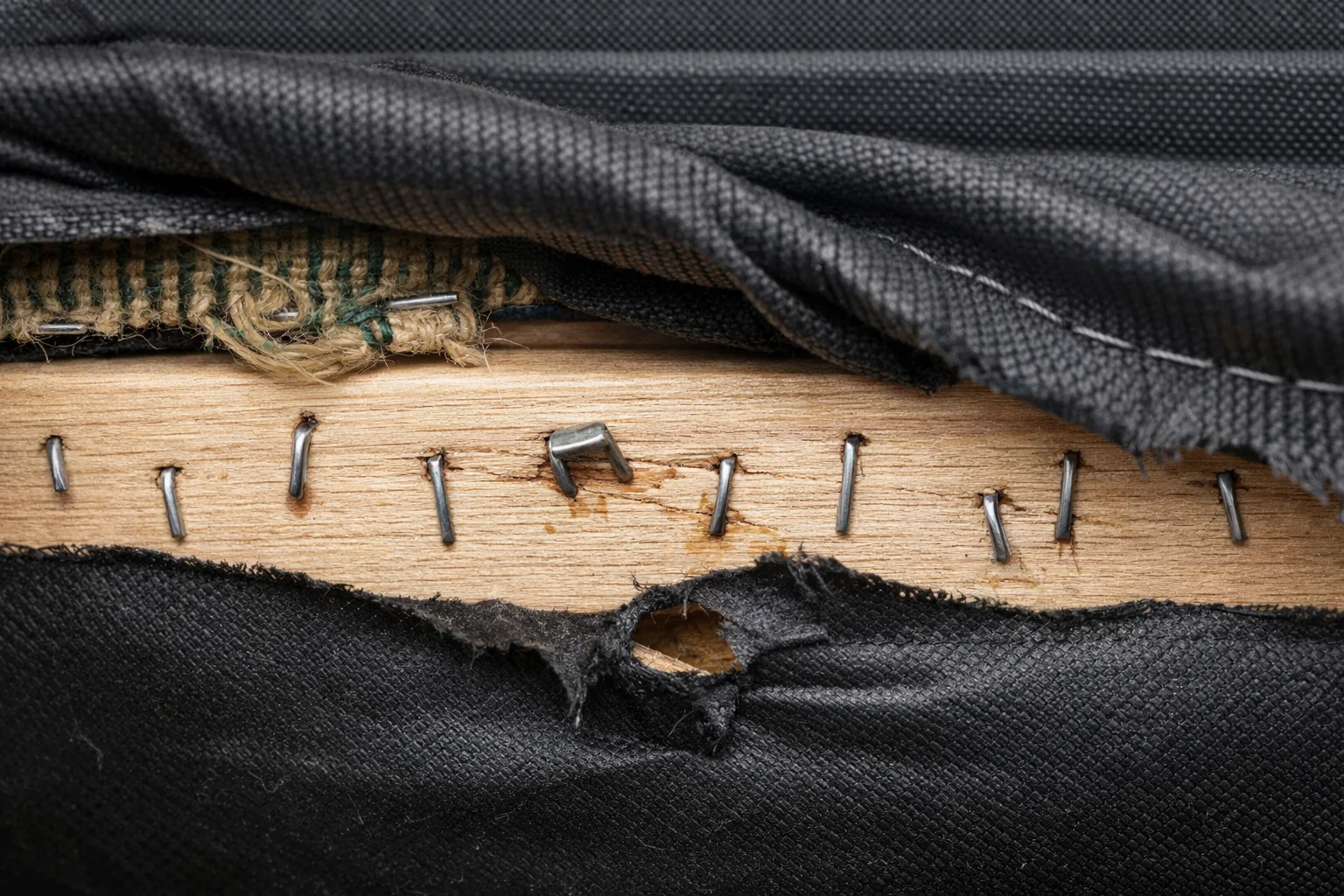 Close-up of sofa underside showing uneven staples and loose dust cover along the front rail