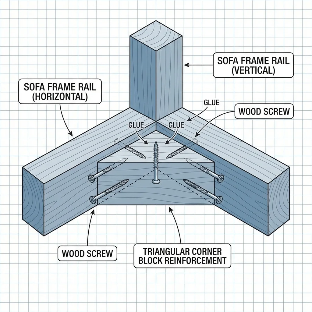 Diagram showing how corner blocks reinforce the 90-degree joints of a sofa frame