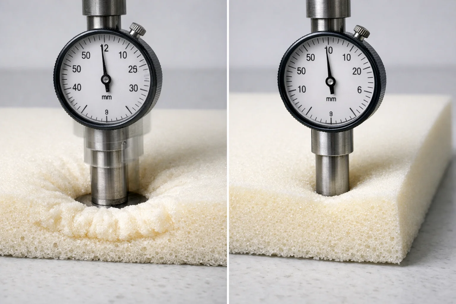 Macro test comparing deeper deflection and slower rebound in cushion center versus edge