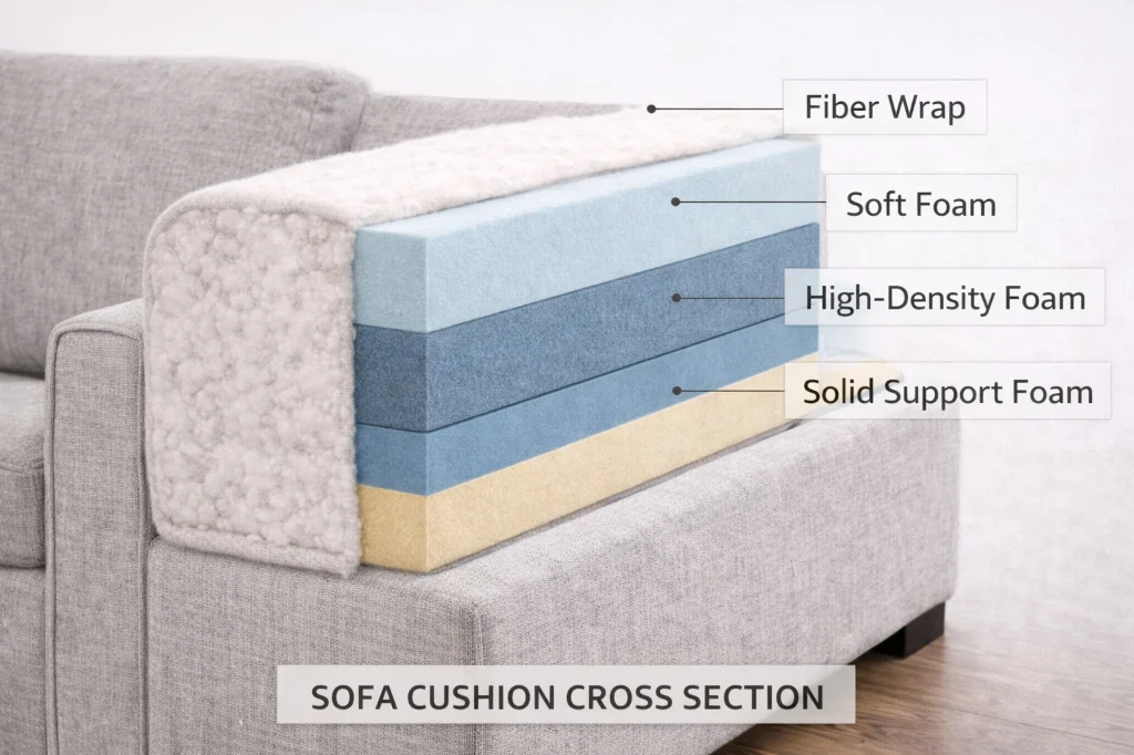 Cross-section diagram showing the layers of a spring-down cushion