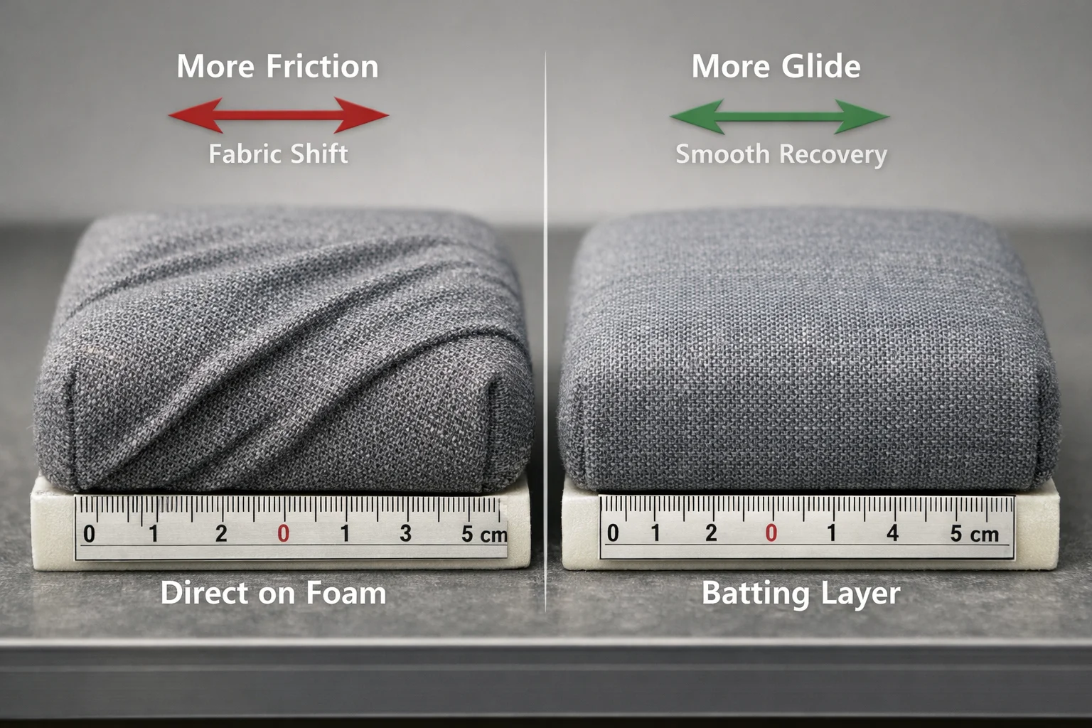 Side-by-side macro showing fabric wrinkling on bare foam versus smooth glide with a slip layer