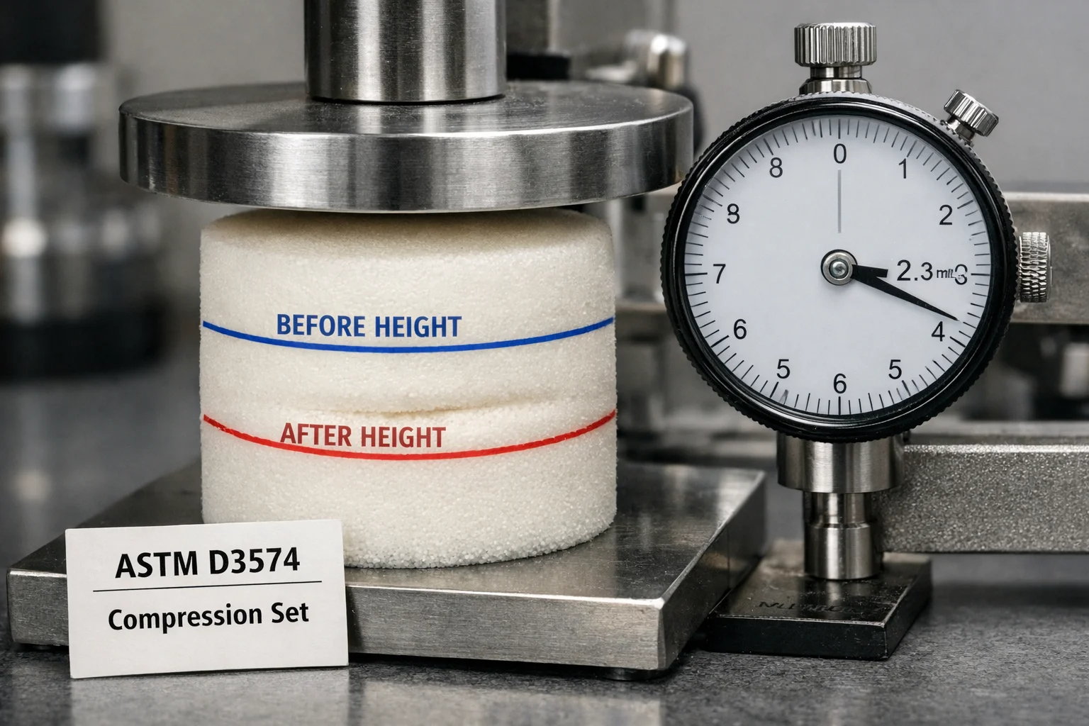 Close-up of a foam compression set measurement with dial indicator gauge