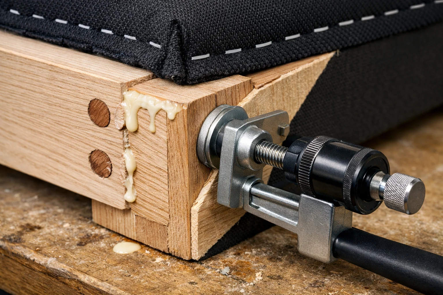 Close-up of a sofa frame corner joint with dowels, corner block, and staples under light stress
