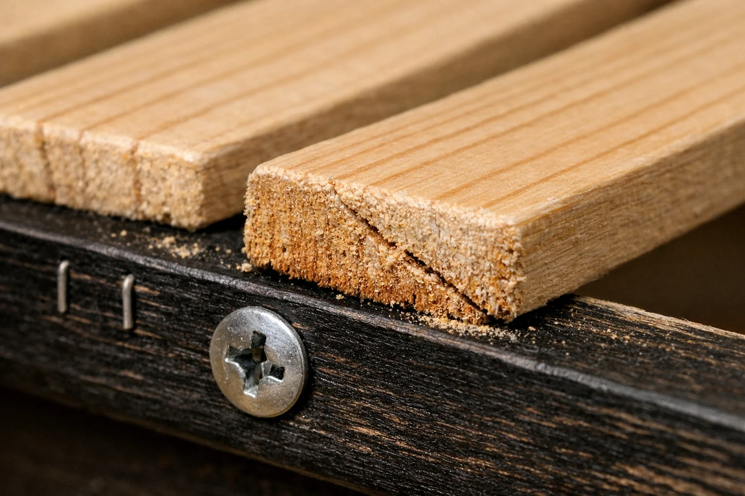 Close-up of daybed slat end with hairline cracking and crushed wood where it sits on the support ledger