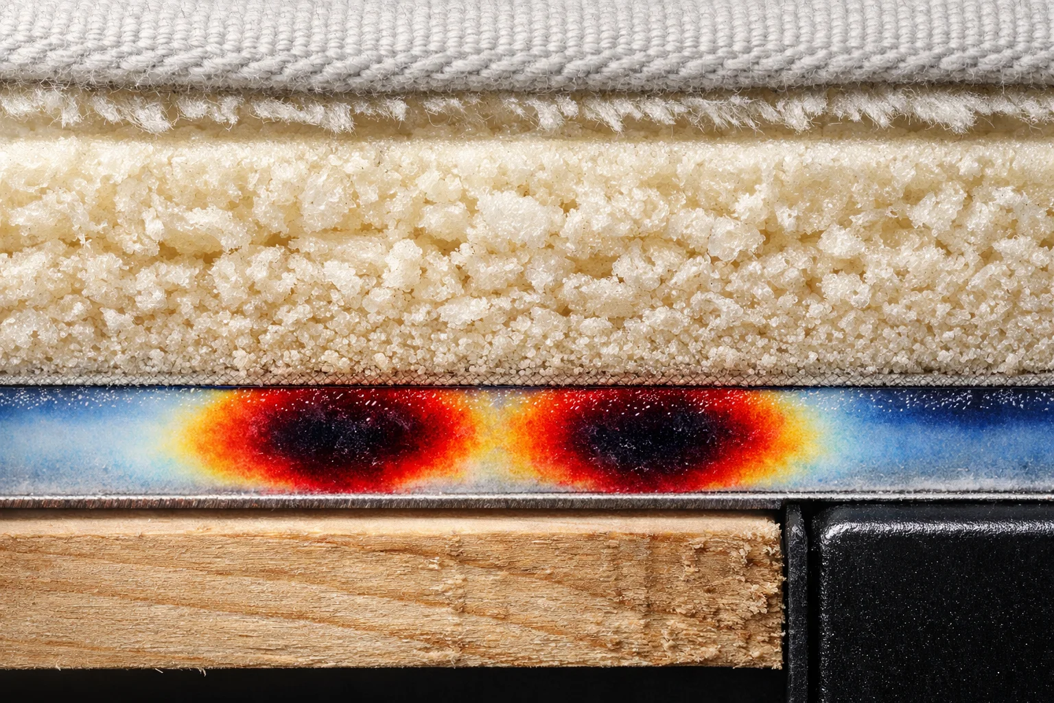 Cross-section of cushion foam showing compression set and pressure hotspot marks where bottoming out occurs