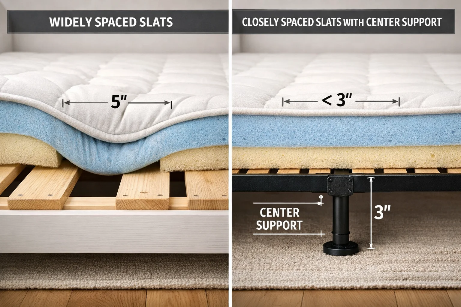 Comparison of daybed slat spacing showing foam sag between wide gaps versus proper support with closer slats and center beam