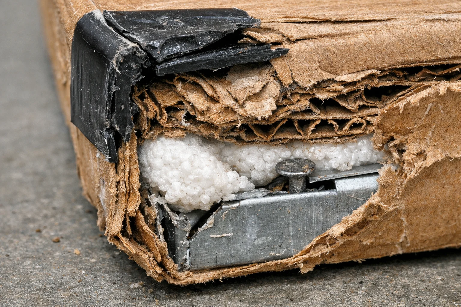 Crushed sofa carton corner exposing compressed foam and frame from impact