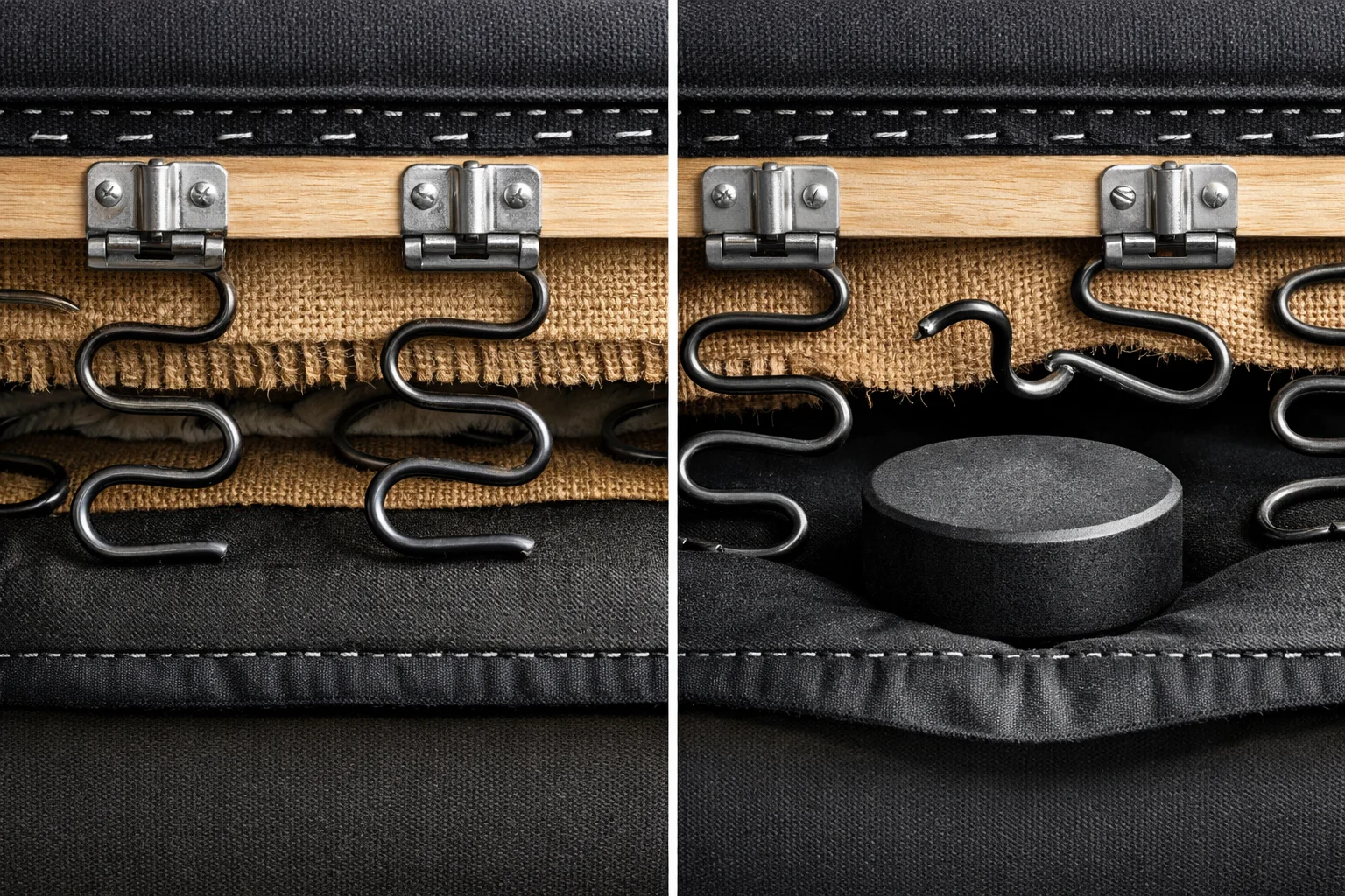 Cutaway underside view of a sofa showing an intact sinuous spring next to a snapped spring creating a seat dead zone