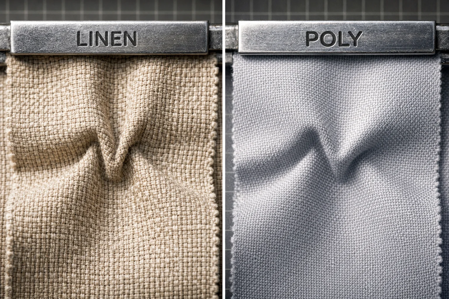 Side-by-side macro comparison of crease recovery in linen versus polyester upholstery fabric