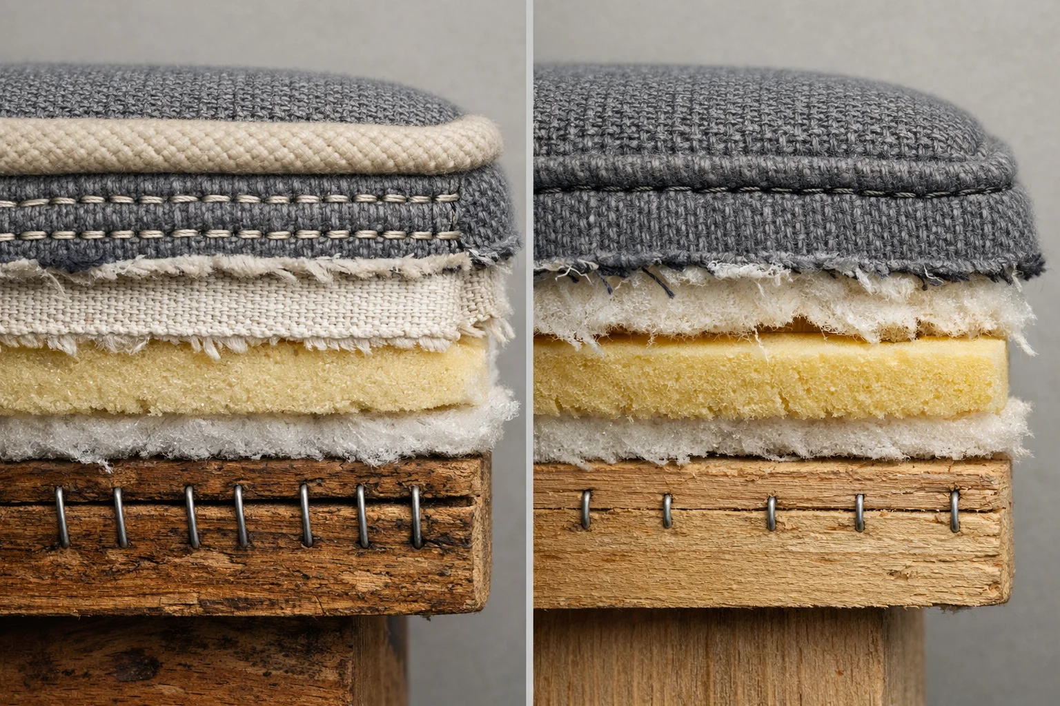 Cutaway of upholstery seam and stapling comparing reinforced construction versus a cheaper staple-and-stitch build