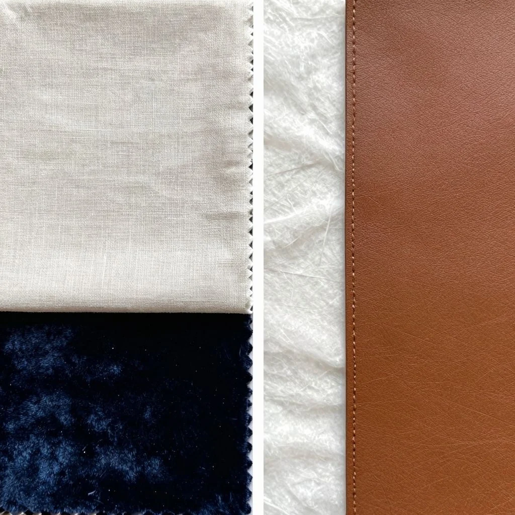 Close up of custom furniture fabric swatches in various colors and textures