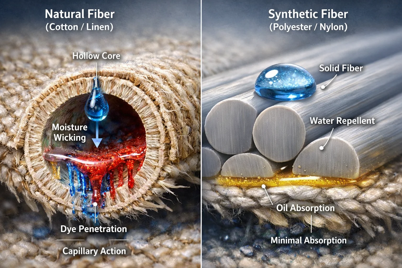 Photoreal cutaway comparing liquid absorption in hollow natural fibers versus a synthetic blend with reduced wicking