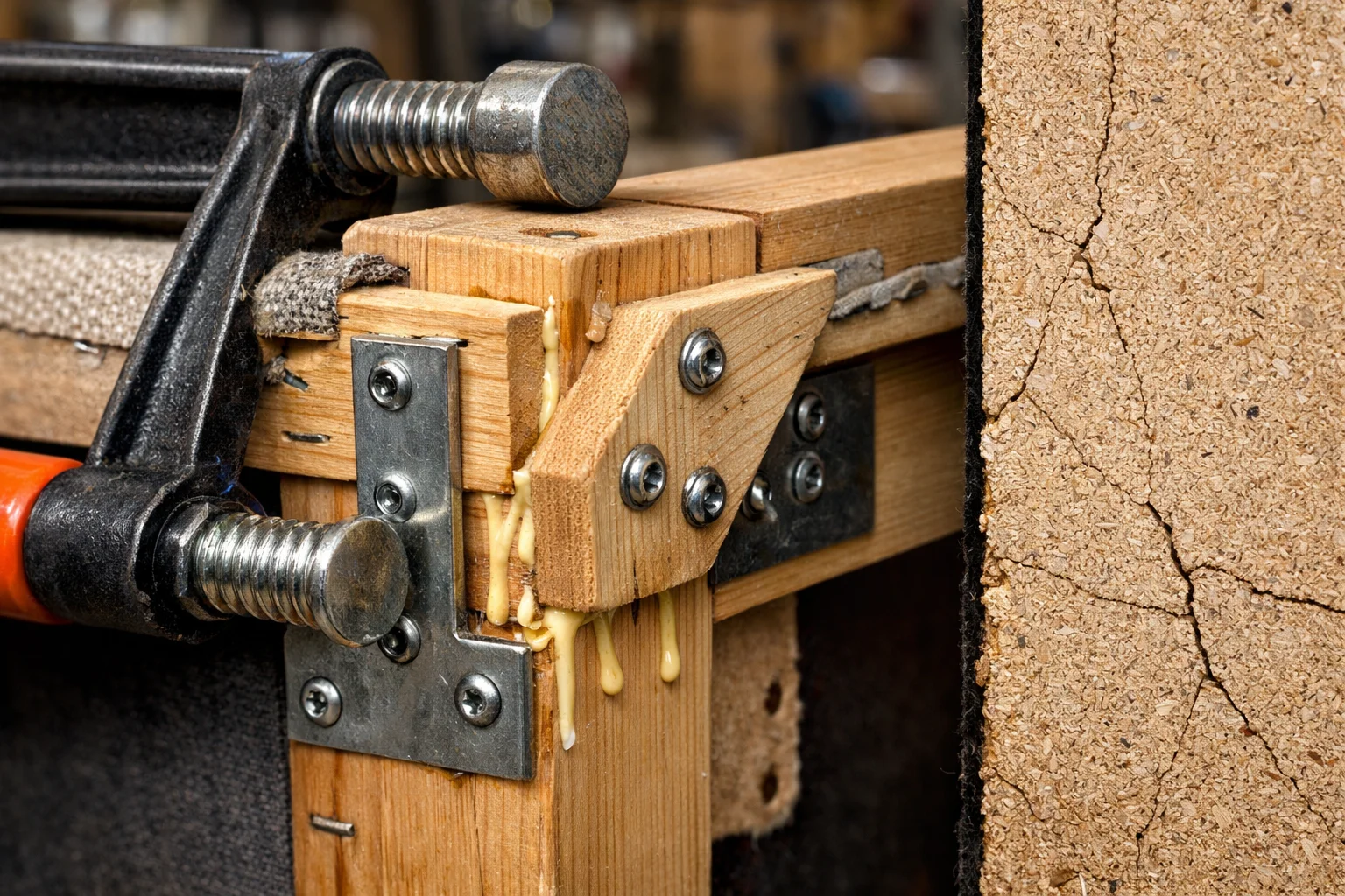 Close-up of a reinforced sofa frame corner joint compared with a cracked particleboard section