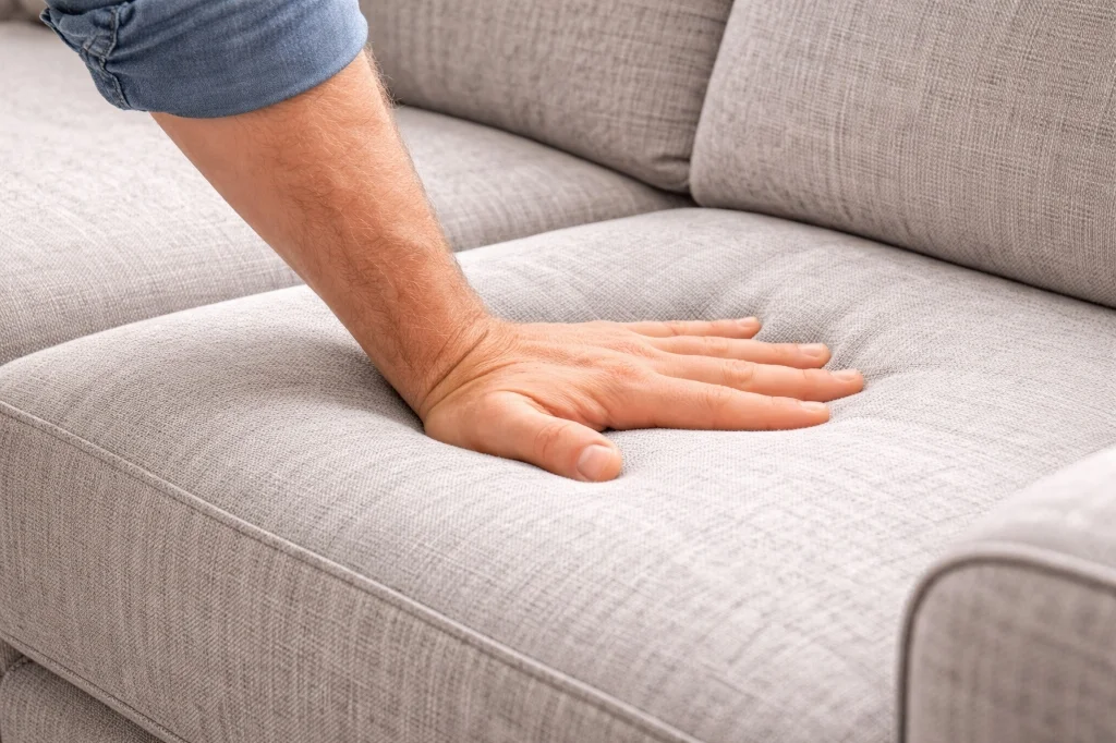 Close up of a hand checking sofa cushion firmness and support