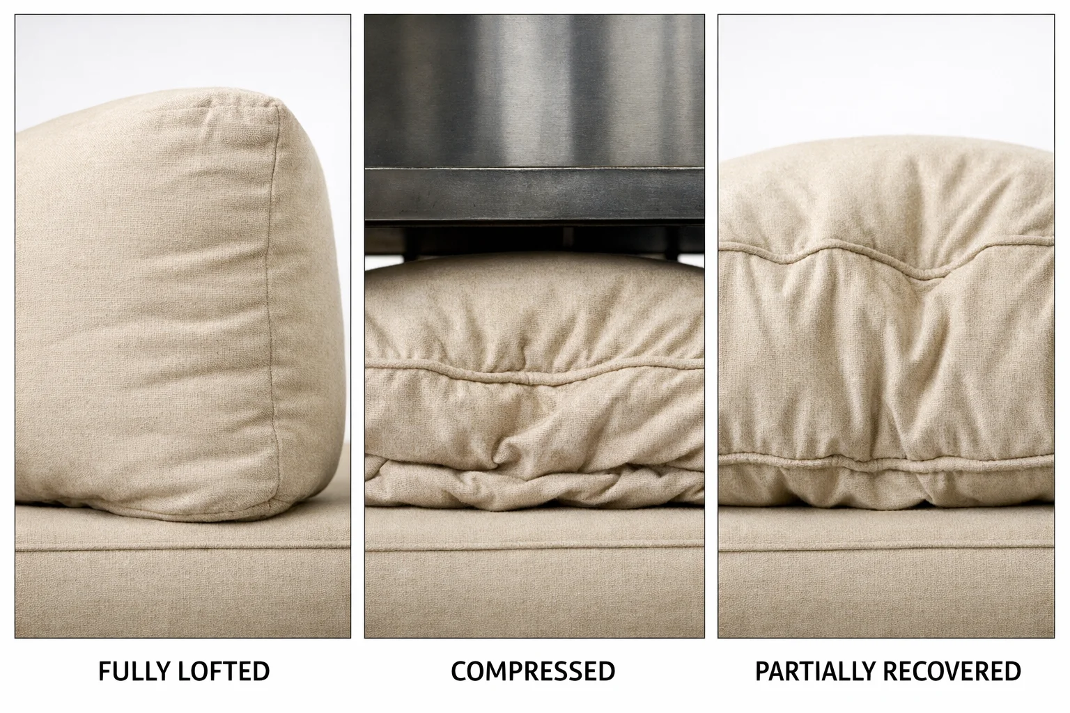 Underside view of recliner foam showing abrasion from the steel scissor mechanism and the protective denim or mesh barrier layer