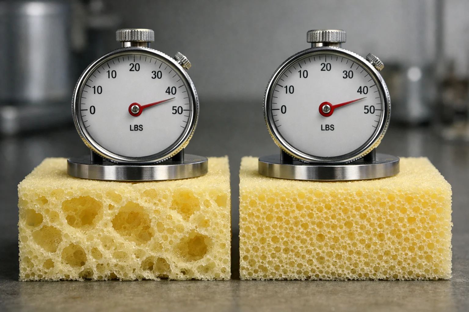 Macro view of two open-cell foam samples with similar compression but visibly different cell density and structure