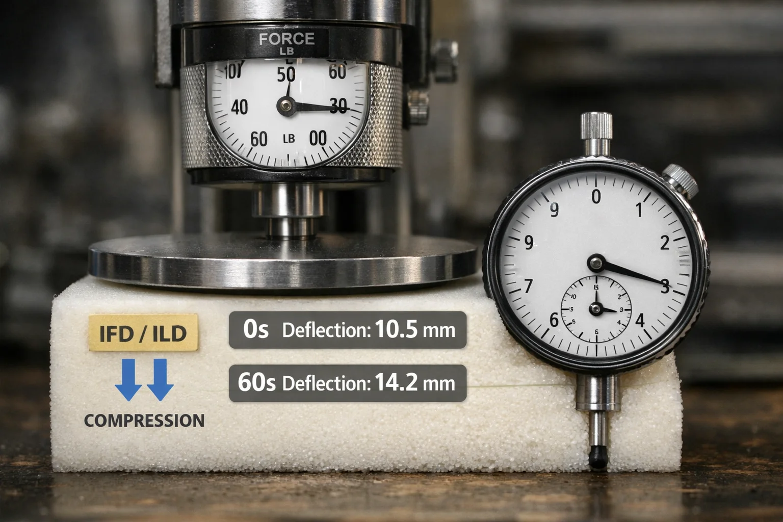 Foam sample under constant load with gauge and dial indicator showing progressive compression over time
