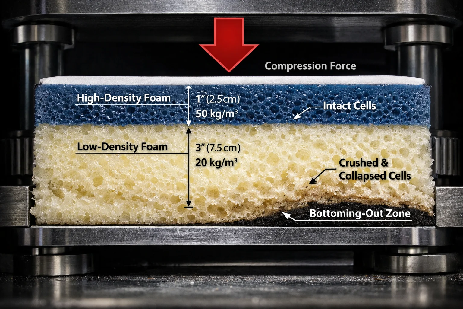 Cutaway of a layered seat cushion under compression showing low-density foam collapsing and causing bottoming out