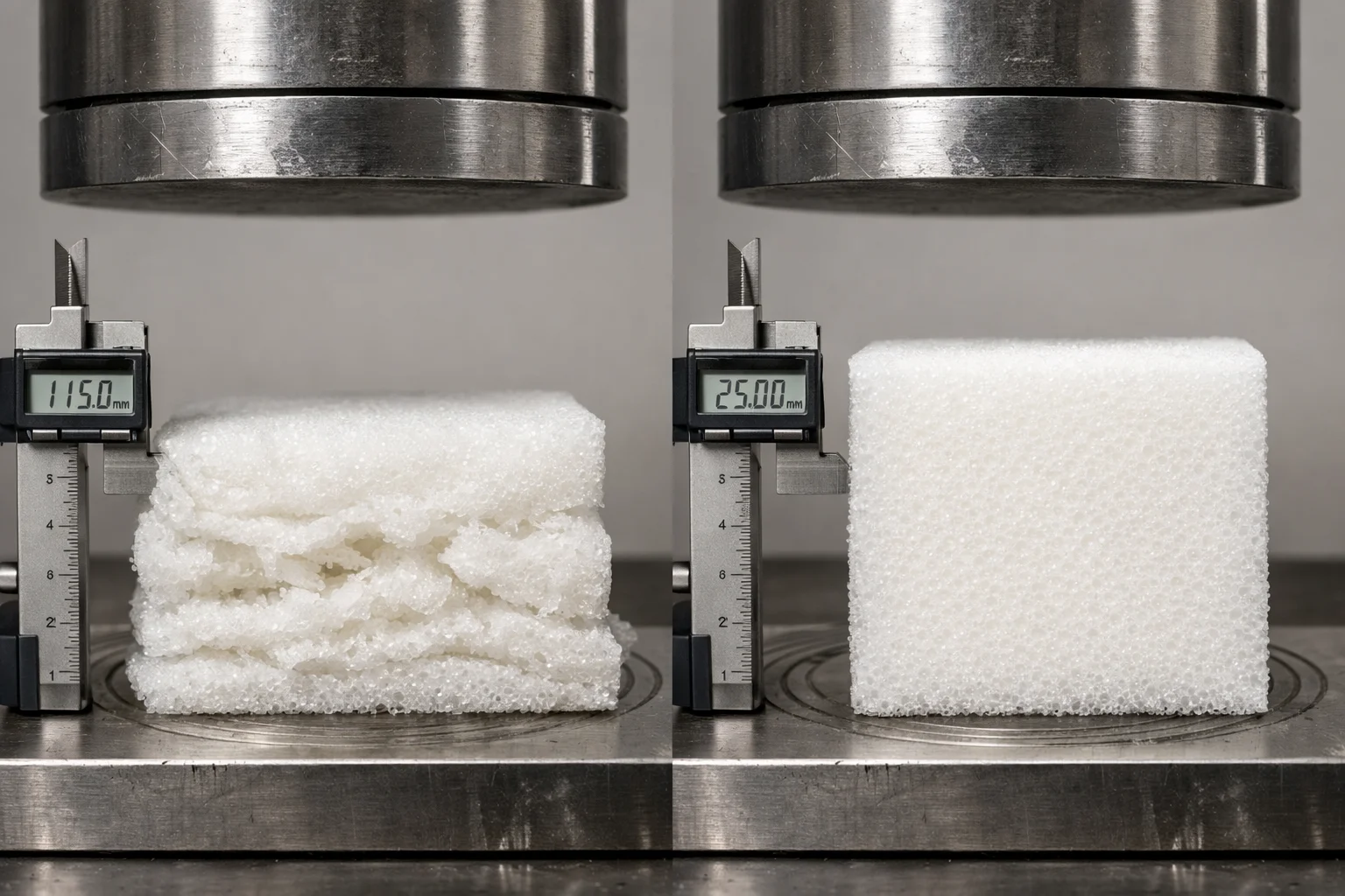 Comparison of low-density and higher-density sofa foam under compression