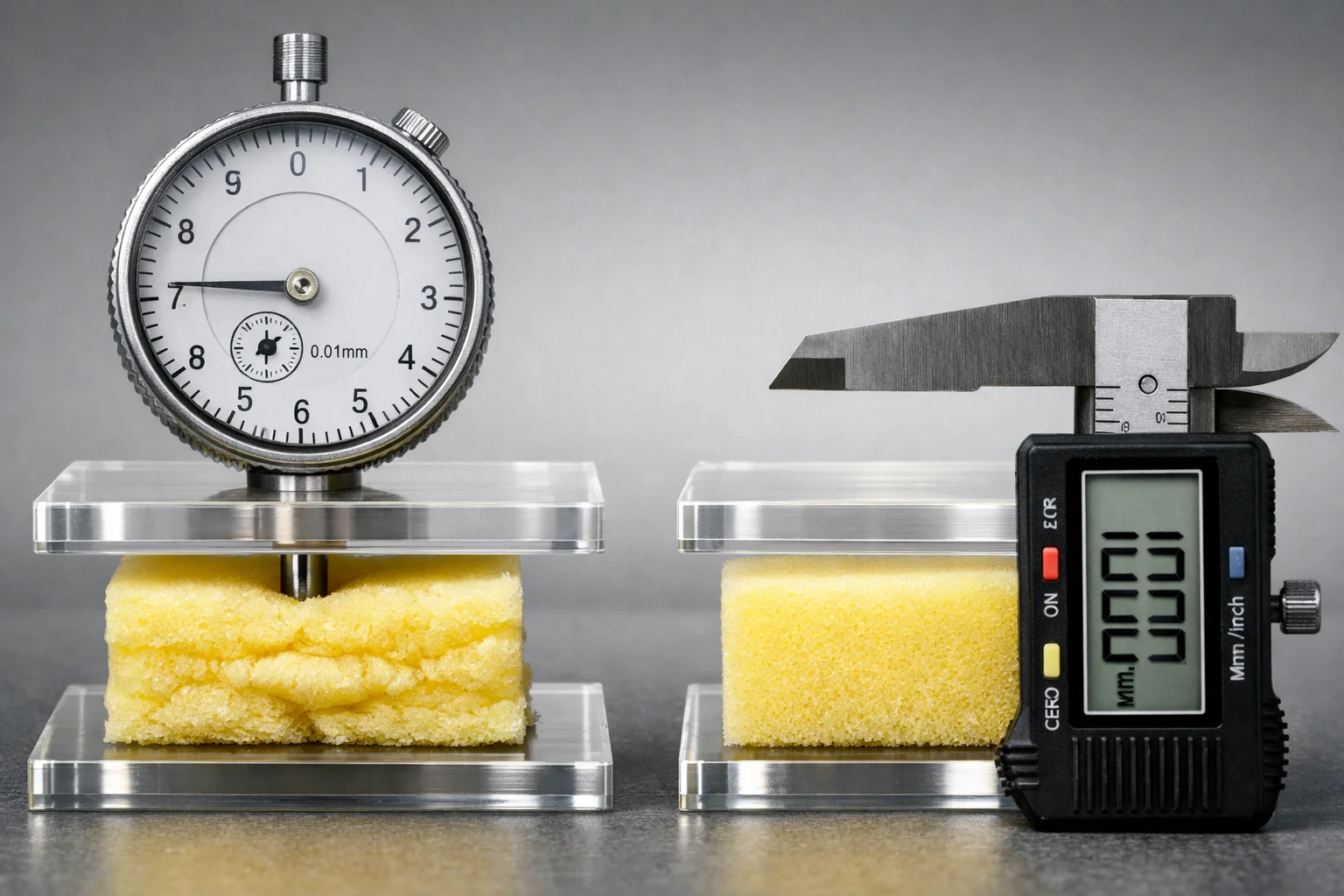 Compression test close-up showing one foam sample with permanent set and another sample with better rebound, measured under acrylic plates