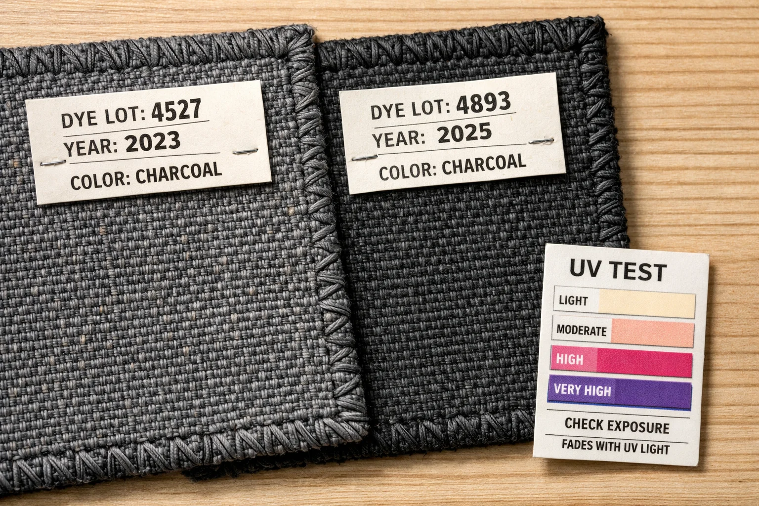 Close-up of two charcoal upholstery swatches from different dye lots showing slight color variation