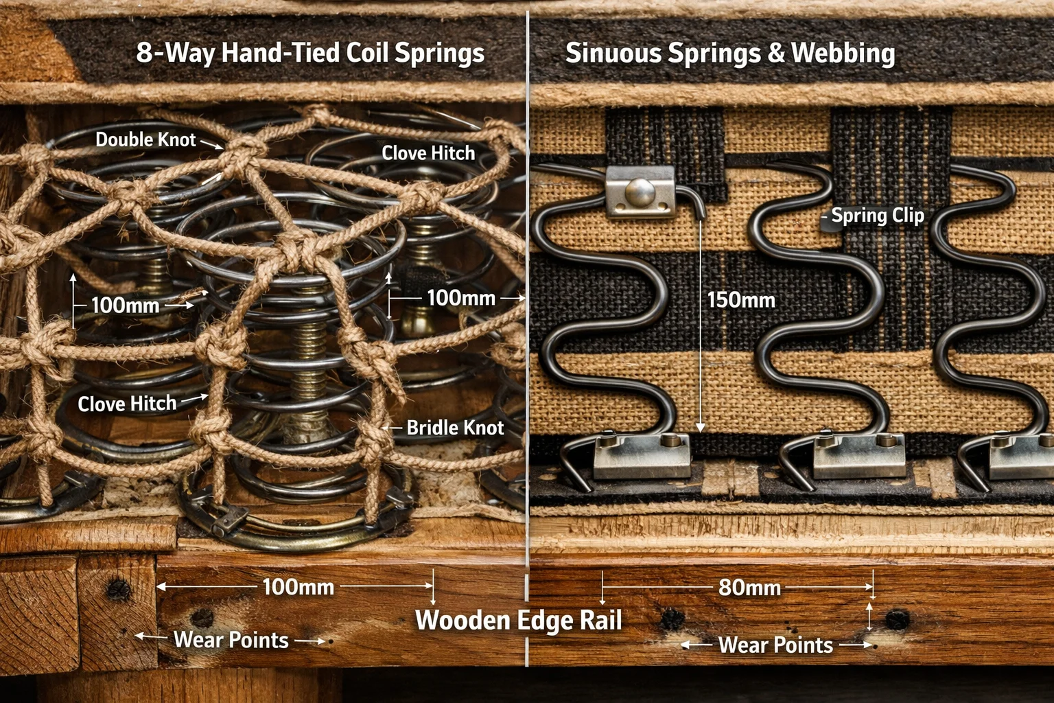 Cutaway macro of sofa seat suspension comparing eight-way hand-tied coils to sinuous springs with clips and webbing