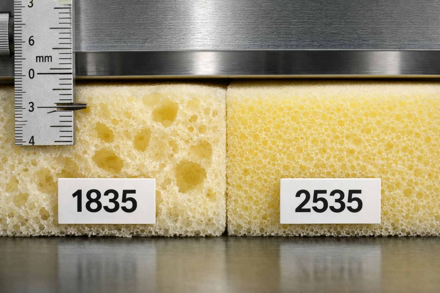 Close-up comparison of two foam densities and firmness codes with a simple compression test gauge