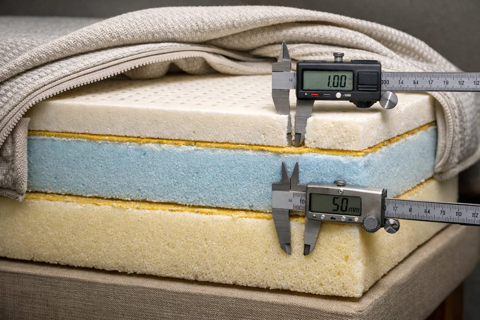 Cutaway of a layered sofa cushion showing latex comfort layer, memory foam layer, and poly support core