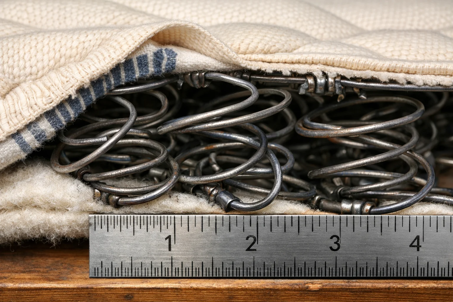 Close-up of an innerspring sofa-bed mattress edge without a border wire showing coil roll-off and poor edge support