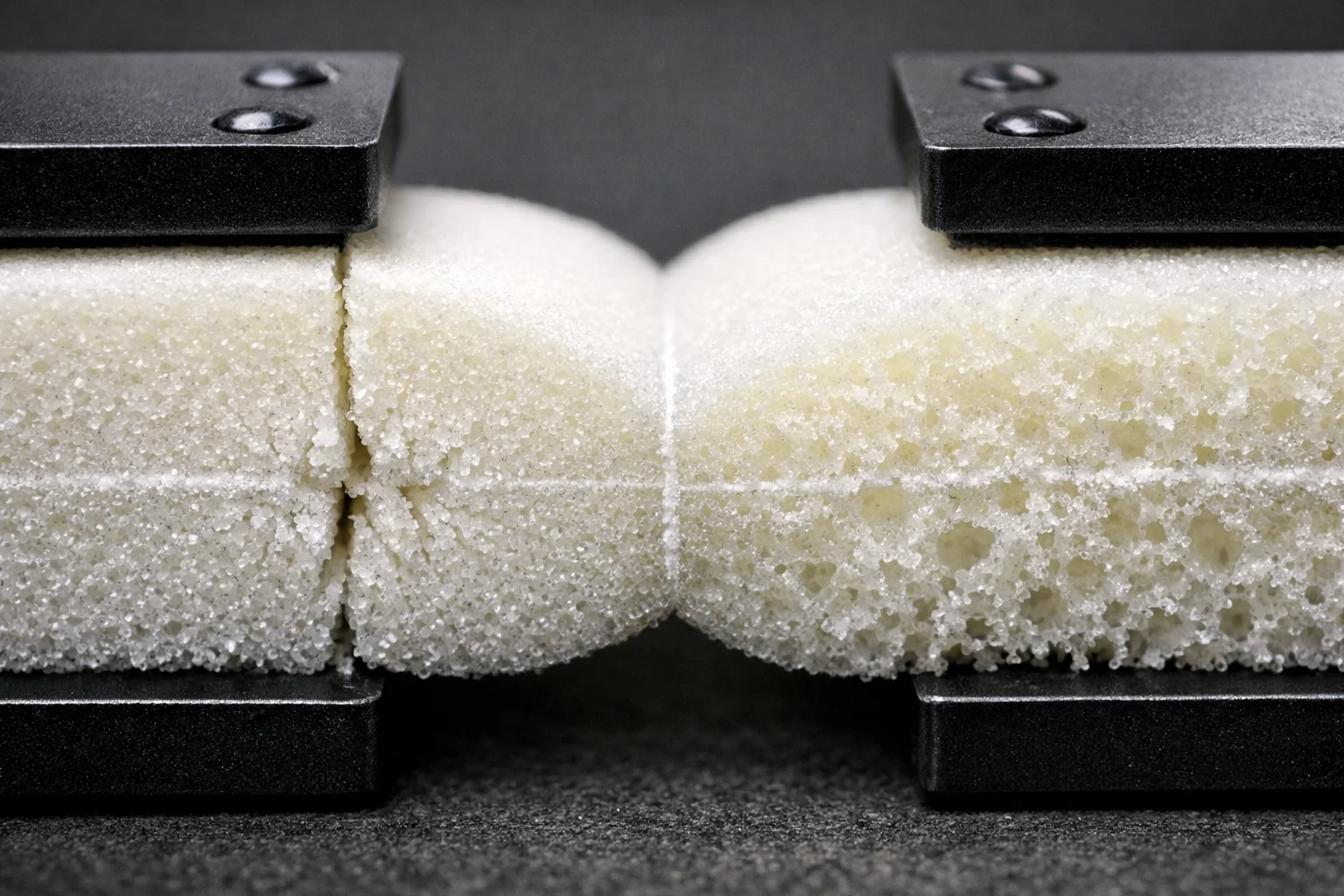 Macro close-up of a foam slab bent at the hinge line, showing crease fatigue in standard foam versus distributed flex in HR foam