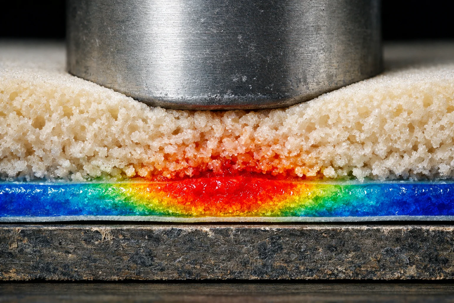 Cross-section showing foam nearly bottoming out with pressure hotspots against a rigid base