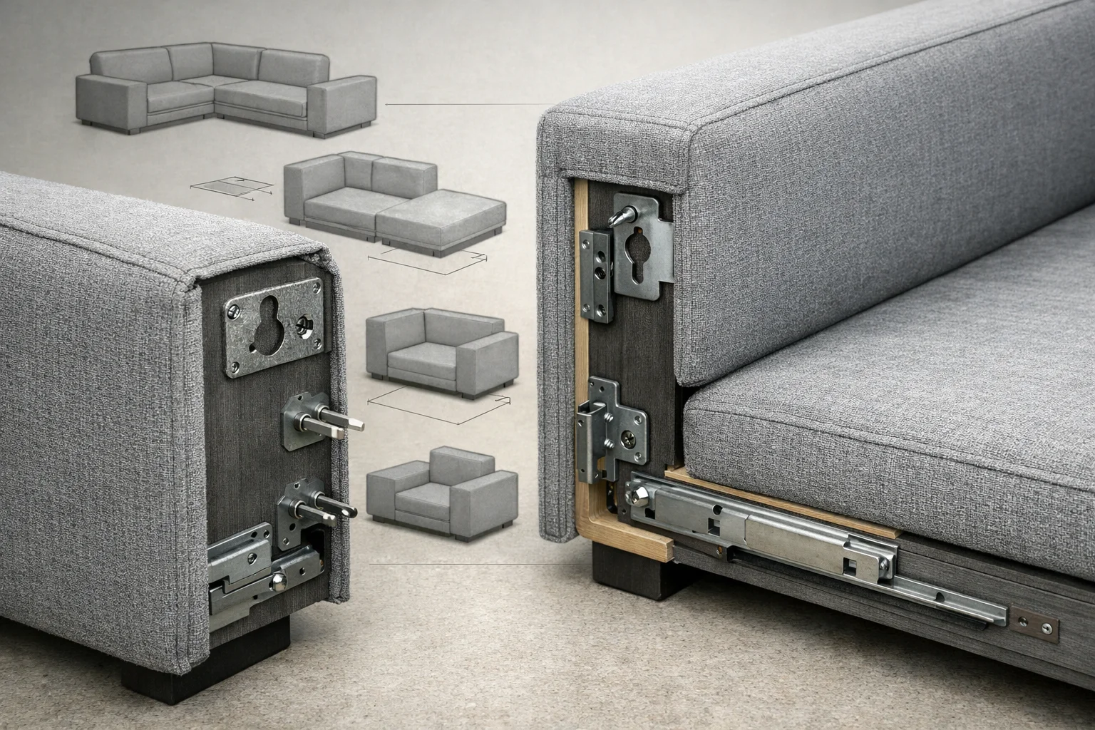 Interchangeable modular sofa arm and seat connection shown with keyed brackets and alignment pins