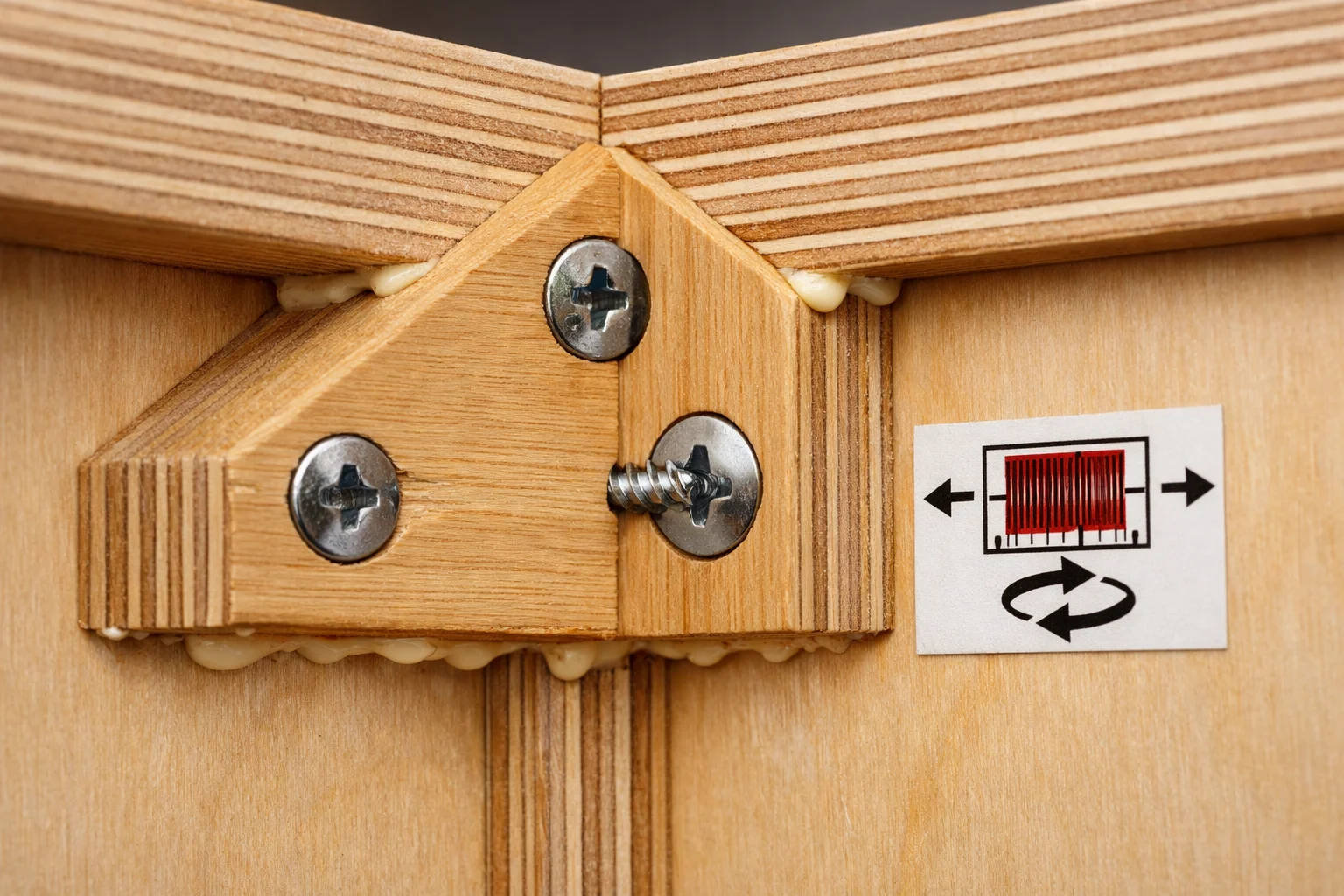 Close-up of a glued-and-screwed triangular corner block reinforcing a birch plywood modular frame corner