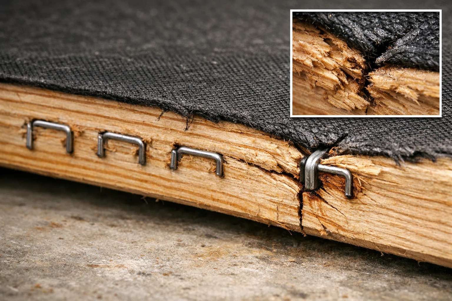 Underside cutaway showing staples and dust cover attachment with a crack starting from an overdriven staple near the rail edge