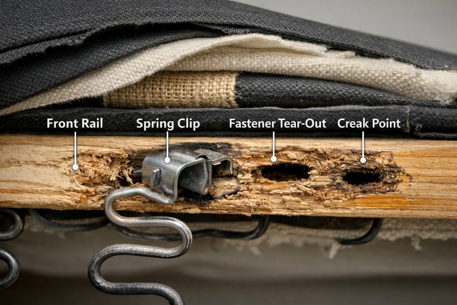 Cutaway underside view showing a spring clip pulling out of the front rail and elongating the fastener holes