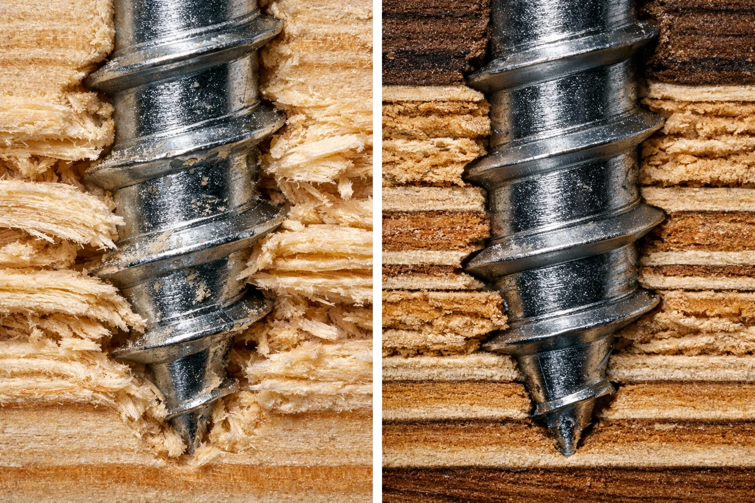 Cross-section comparison of 13-ply plywood and MDF around a bolted joint showing resistance to splitting versus hole wallowing