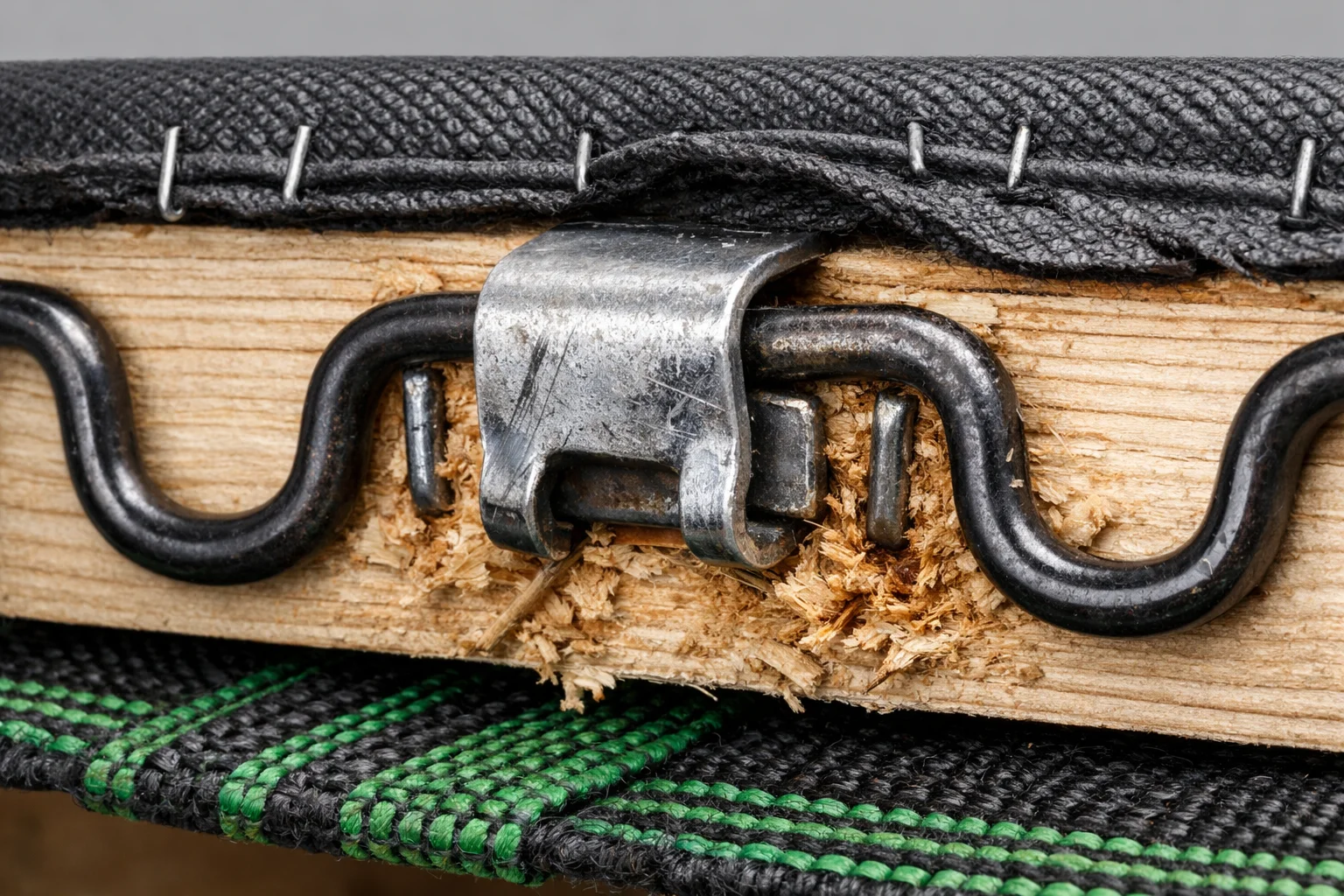 Cutaway close-up of zig-zag springs and their clips attached to a sofa seat rail, showing wear at the fasteners