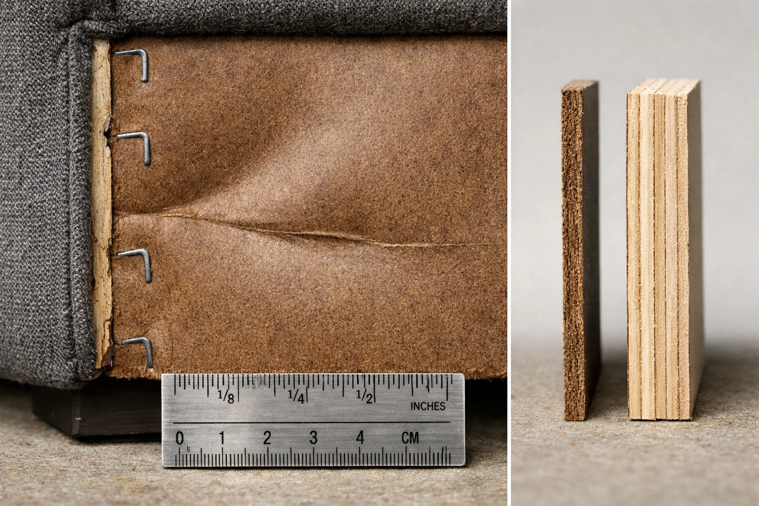Macro close-up of a thin sofa side panel flexing inward, with a cross-section comparing Masonite to plywood thickness