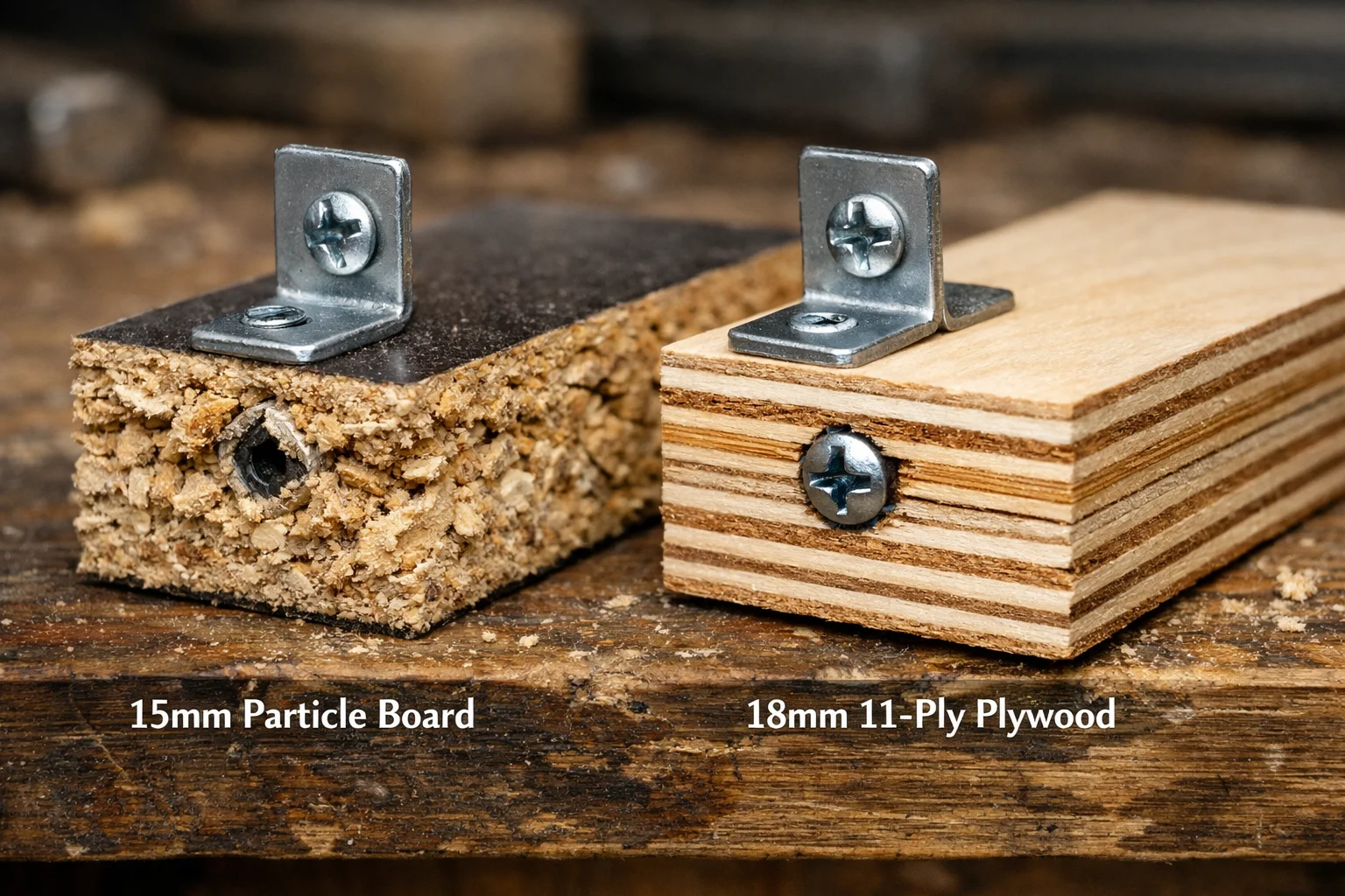 Macro comparison of particle board versus 11-ply plywood showing screw holding strength in a storage compartment floor panel