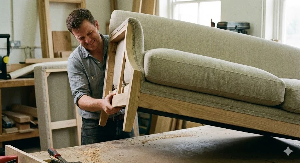 Photo demonstrating the proper way to lift a sofa corner to test frame rigidity