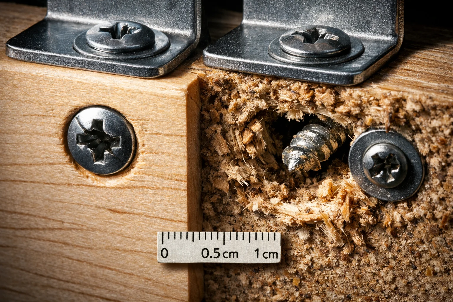 Close-up of a sectional connector bracket where screws have torn out of MDF compared with secure bite in solid hardwood